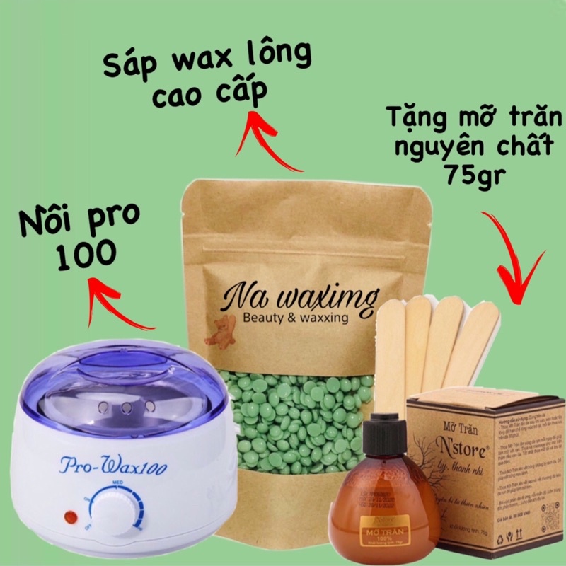 Combo triệt lông sáp wax nóng wax lông, nồi nấu sáp pro wax 100 tặng kèm mỡ trăn nguyên chất giúp làm sạch lông