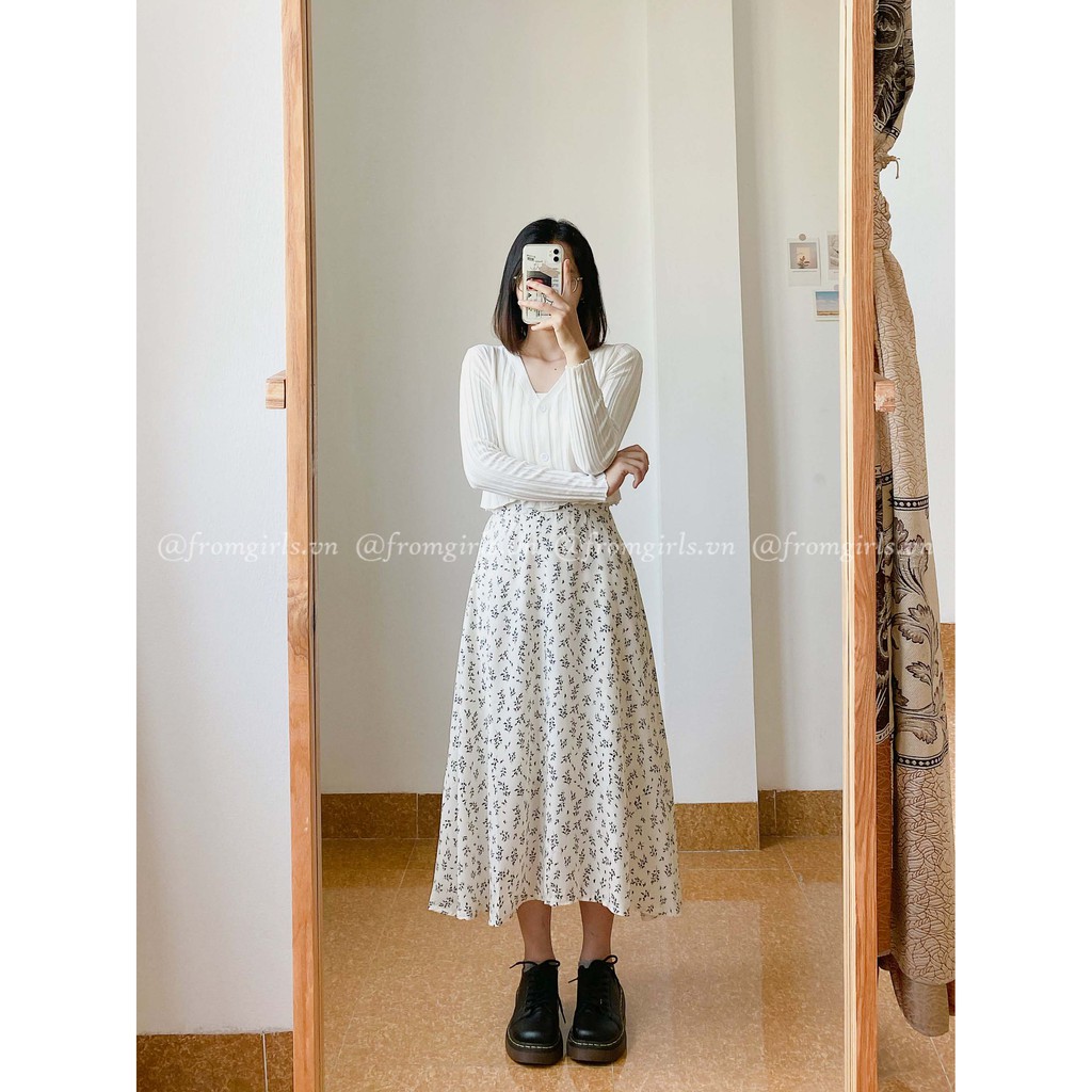 Chân váy hoa nhí, chân váy midi hoa cỏ cạp chun sau vintage - CV07FG BROWN