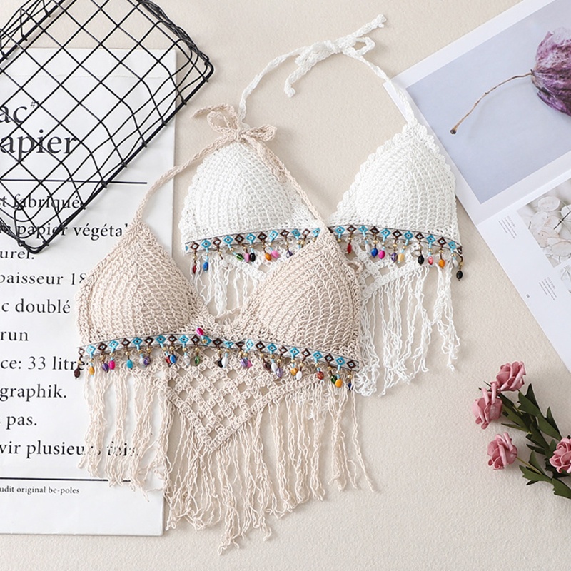 Xiangbao Áo Ngực Crop Top Hai Dây Dệt Kim Viền Tua Rua Hạt Pha Lê Nhiều Màu Gợi Cảm Mùa Hè Cho Nữ Bik