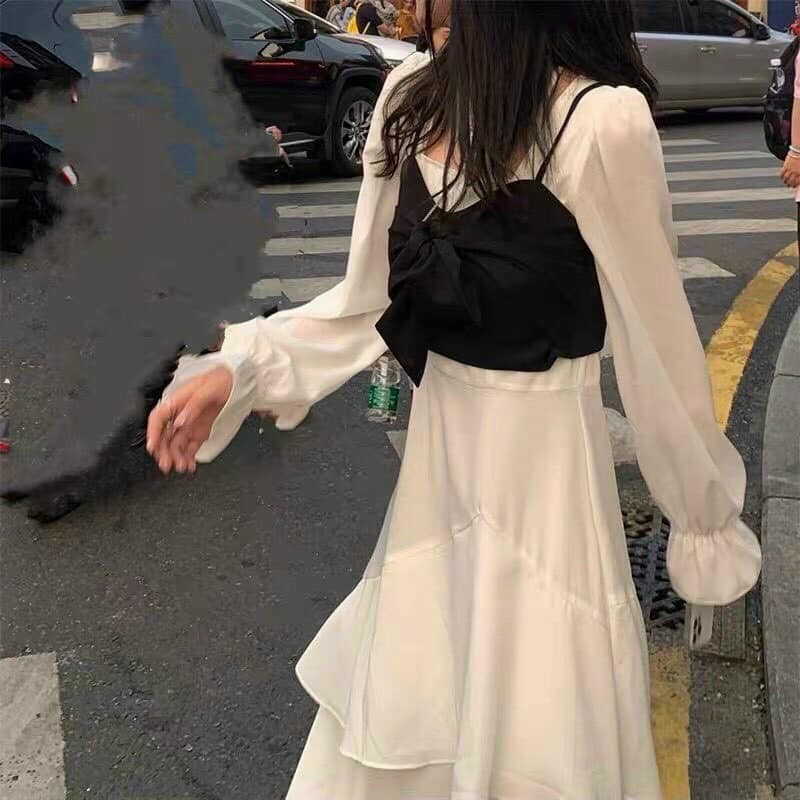 Đầm trắng tay dài phối áo nơ đen