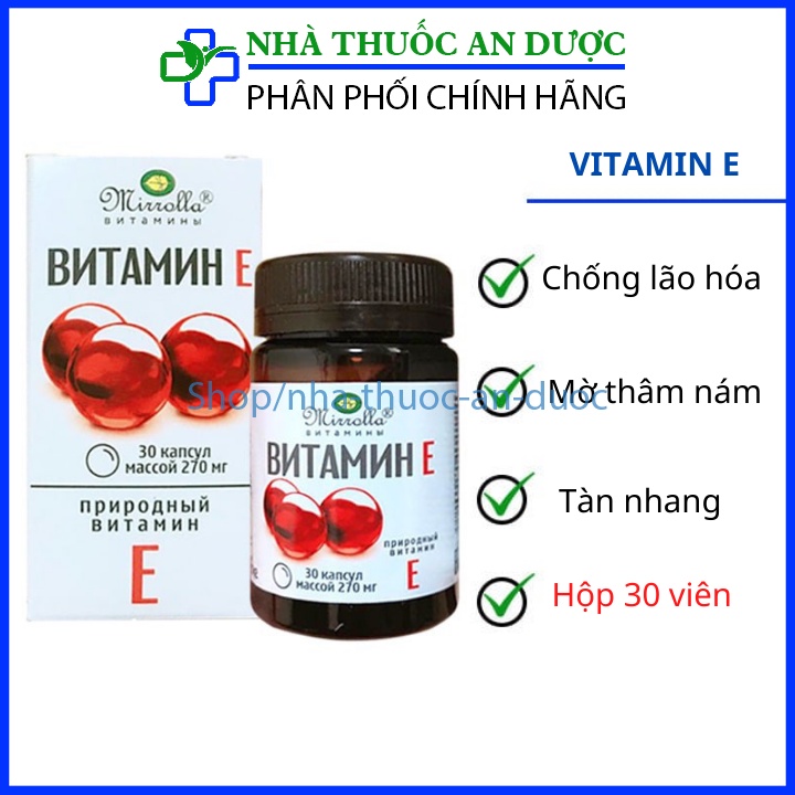 Vitamin E mirrola Nga hàm lượng 270mg giúp trắn sáng da, chống lão hóa - hộp 30 viên