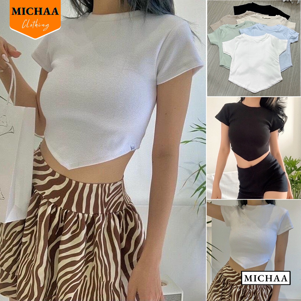 Áo Croptop CỔ TRÒN VẠT NHỌN Ngắn Tay Nữ Phong Cách Thể Thao Basic Chất Thun Gân - MICHAA CR41