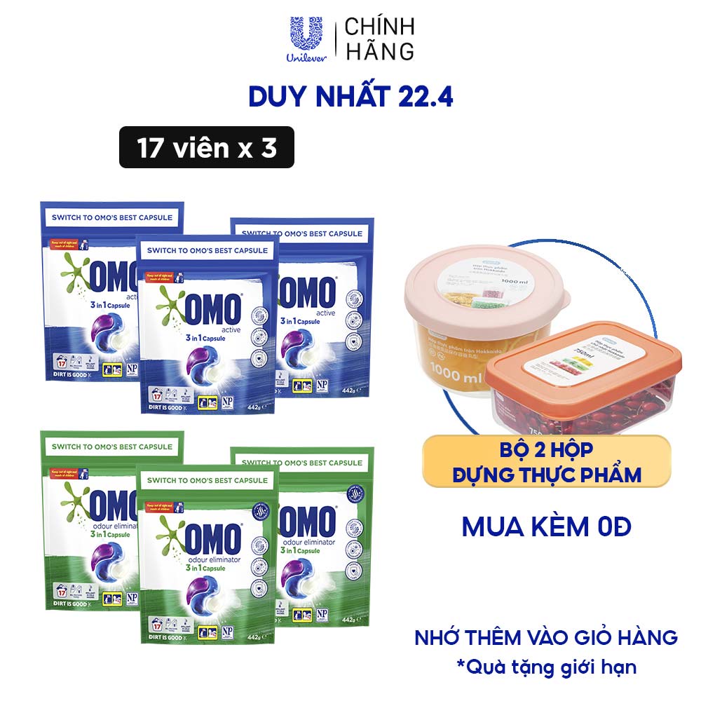 Combo 3 Túi Viên Giặt Tiện Lợi OMO Công Nghệ Anh Quốc (17 Viên/Túi)