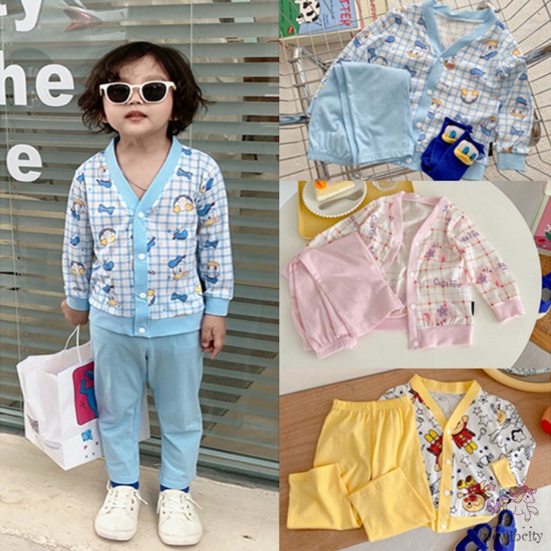 Bộ Áo Cardigan Tay Dài Cài Nút + Quần Dài In Họa Tiết Hoạt Hình Phong Cách Hàn Quốc Thời Trang Mùa Thu Cho Bé Trai Và Gái