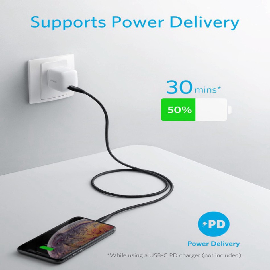 Cáp Lightning Anker - A8653 PowerLine+ II - Dài 1.8m Chứng chỉ MFI cho iPhone 5/6/7/8/Plus/X/Xr/Xs/Xs Max