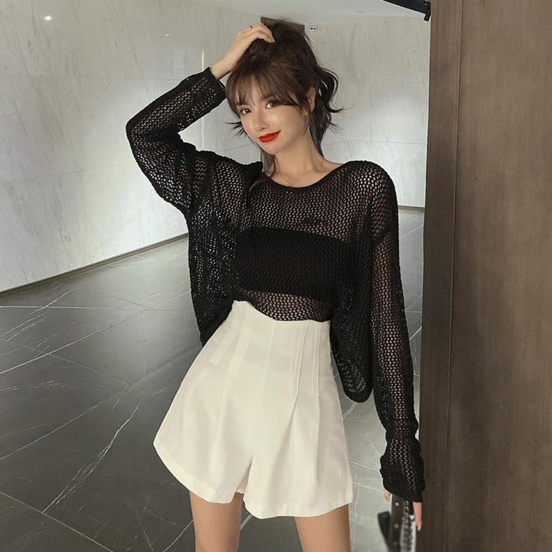 Áo Chống Nắng Dáng Rộng Màu Sắc Đơn Giản Đính Hạt Lỗ Đan Chéo Dành Cho Nữ