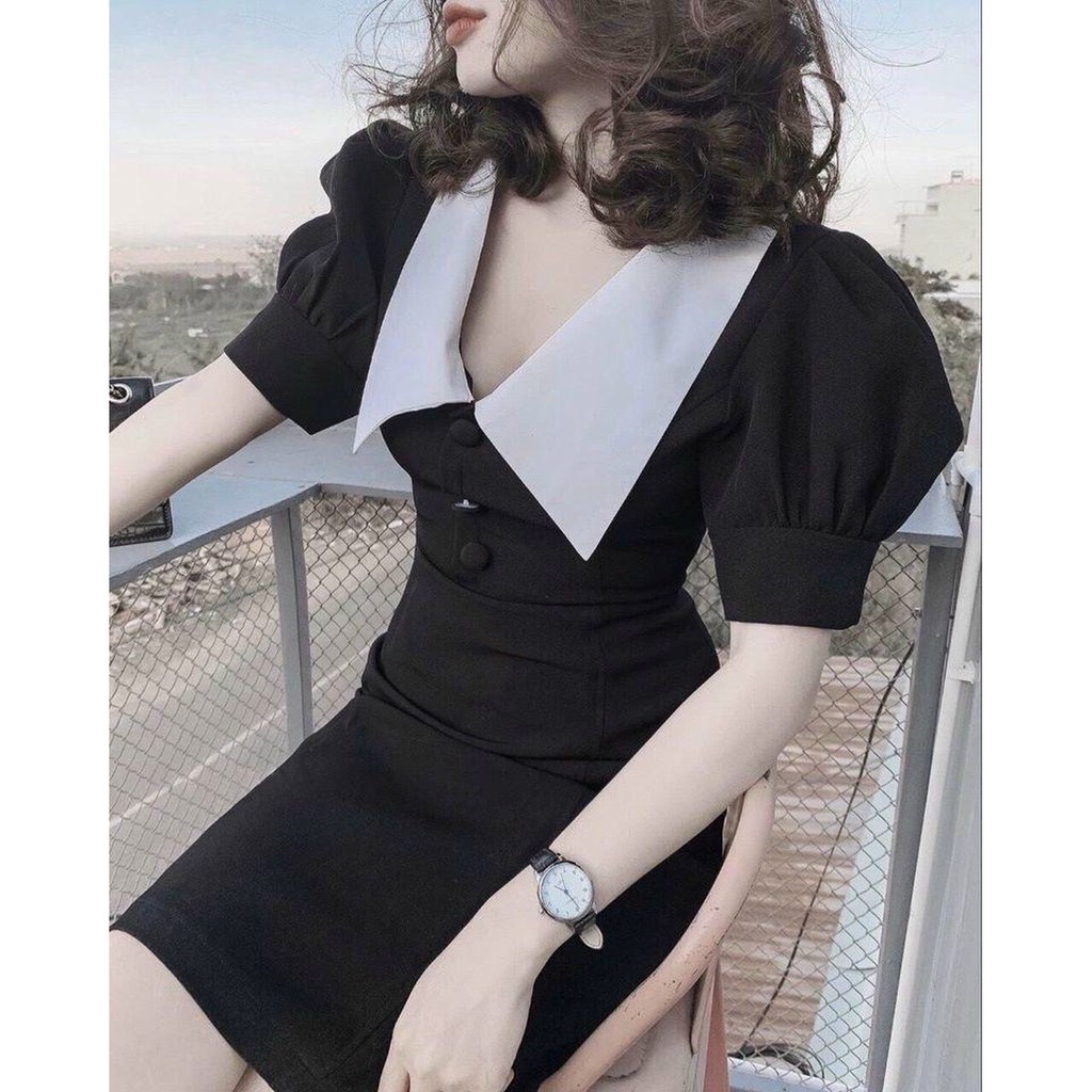Đầm Cổ Sen ❤️FREESHIP❤️ Dáng Xòe Tay Ngắn Đính Nút Bọc