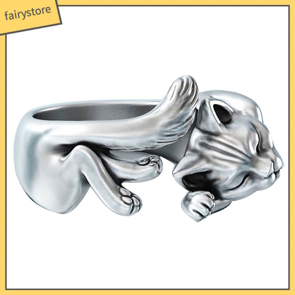 Nhẫn Hở Mạ Bạc Hình Mèo Ngủ Phong Cách Vintage