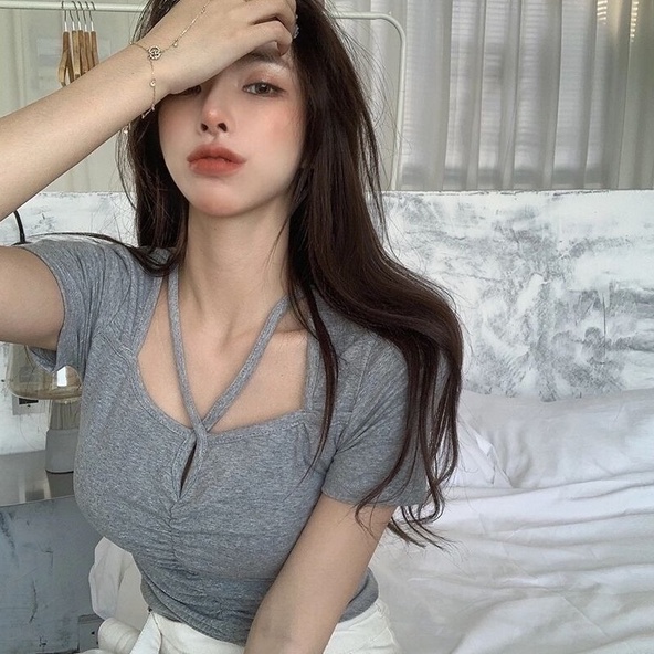 Áo ZHELIHANGFEI dệt kim ngắn tay cổ vuông xinh xắn thời trang