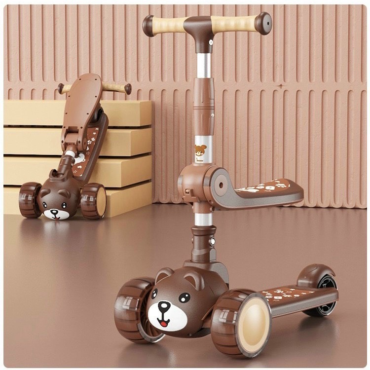 XE TRƯỢT SCOOTER KIÊM XE CHÒI CHÂN GẤU CAO CẤP CÓ NHẠC, ĐÈN CHO BÉ YÊU