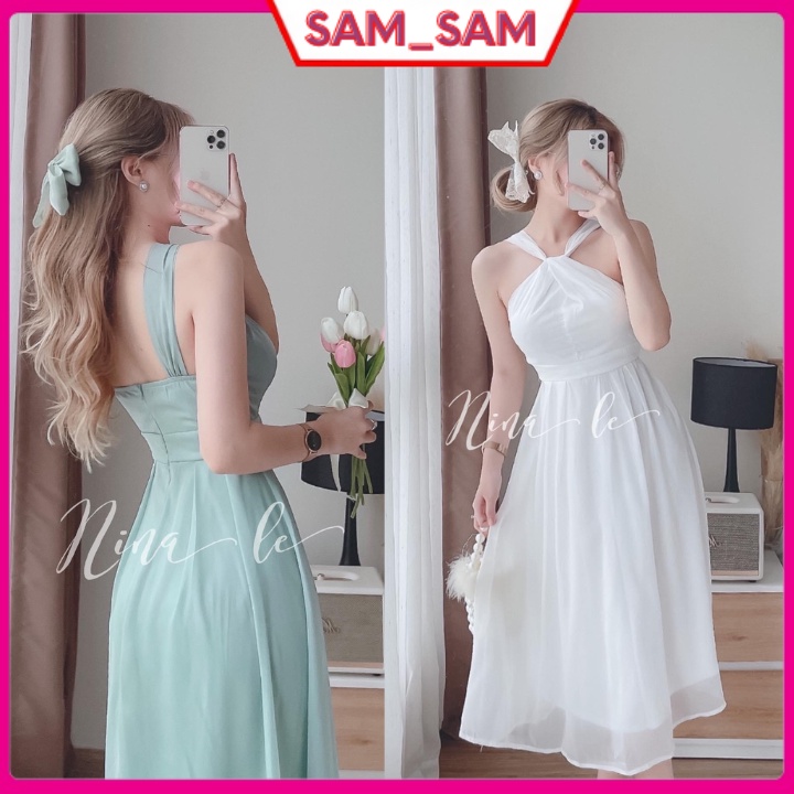 Váy maxi cổ yếm hở lưng -Đầm maxi chất liệu lụa hảo hạng,mềm mại dịu dàng,lung linh khi ra nắng tại sam_sam_shop_1011
