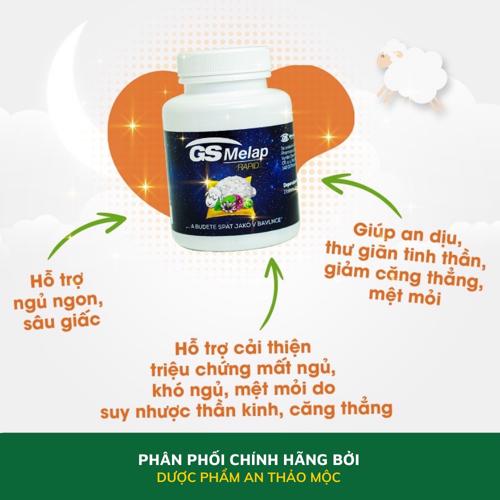 Viên uống GreenSwan GS Melap Rapid hỗ trợ ngủ ngon ngủ sâu giấc cải thiện căng thẳng mệt mỏi giảm lo âu lọ 20 viên