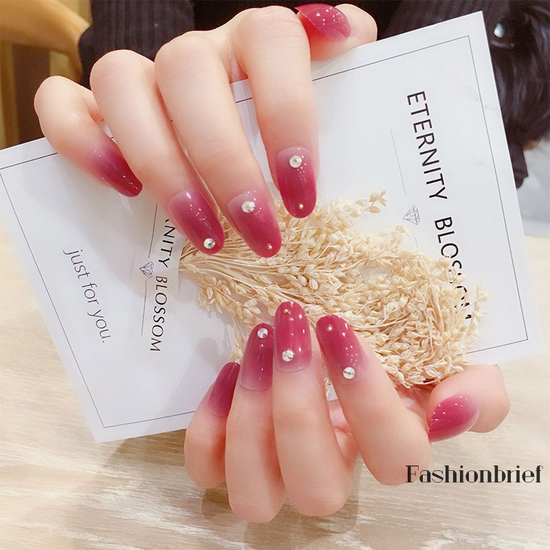 Set 24 móng tay giả màu Gradient đính kim cương giả thời trang dành cho nữ + 2g keo dán