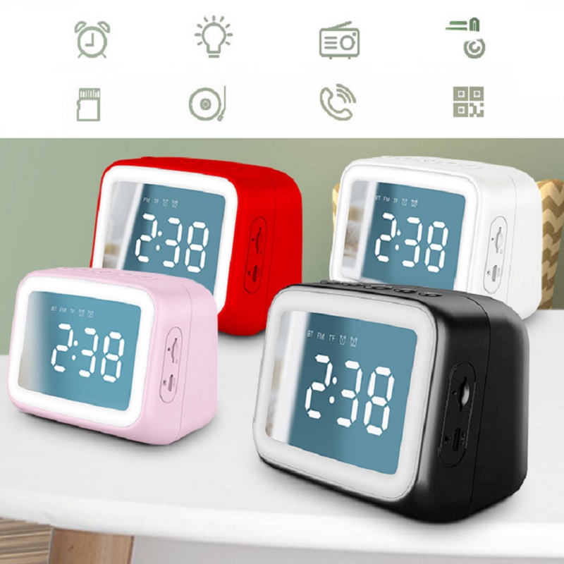 Loa Bluetooth không dây mini tích hợp đồng hồ báo thức kỹ thuật số mặt gương có đèn led thẻ nhớ TF kèm mic