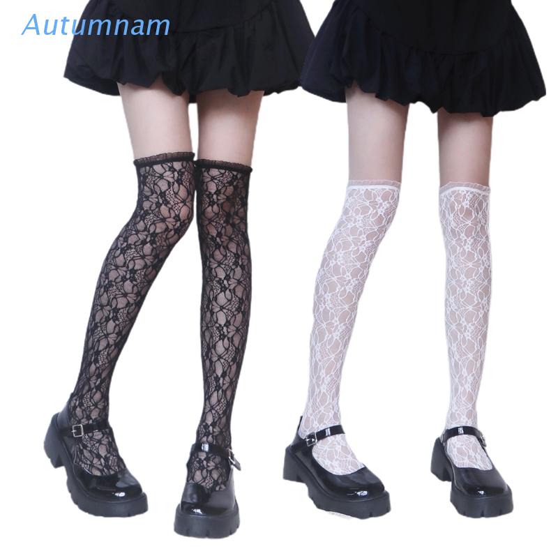 Vớ cổ cao qua gối dệt jacquard lưới phối ren hoa nhún bèo phong cách lolita ngọt ngào đáng yêu cho học sinh nữ