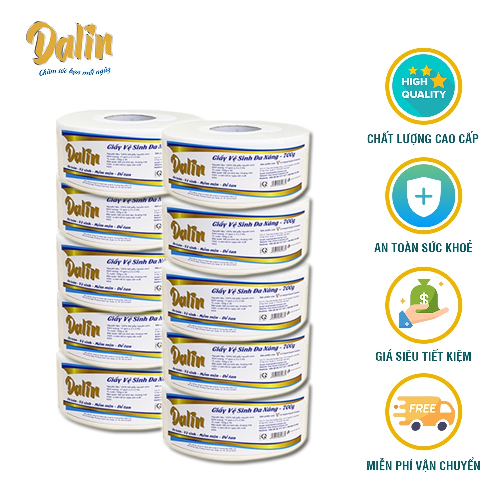 Giấy vệ sinh cao cấp 700g DALIN combo 10 cuộn, Giấy vệ sinh cuộn lớn DALIN dành cho nhà hàng, khách sạn, quán cà phê