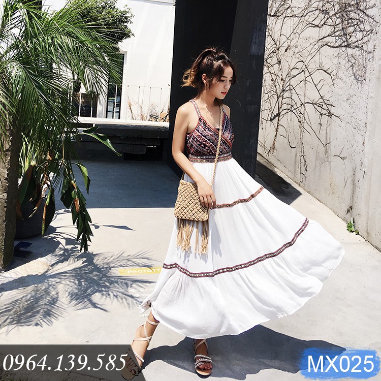 Đầm xòe maxi nữ đi biển, chất Linen mềm đẹp, họa tiết thổ cẩm tinh tế, có đủ size theo cân nặng | MX025