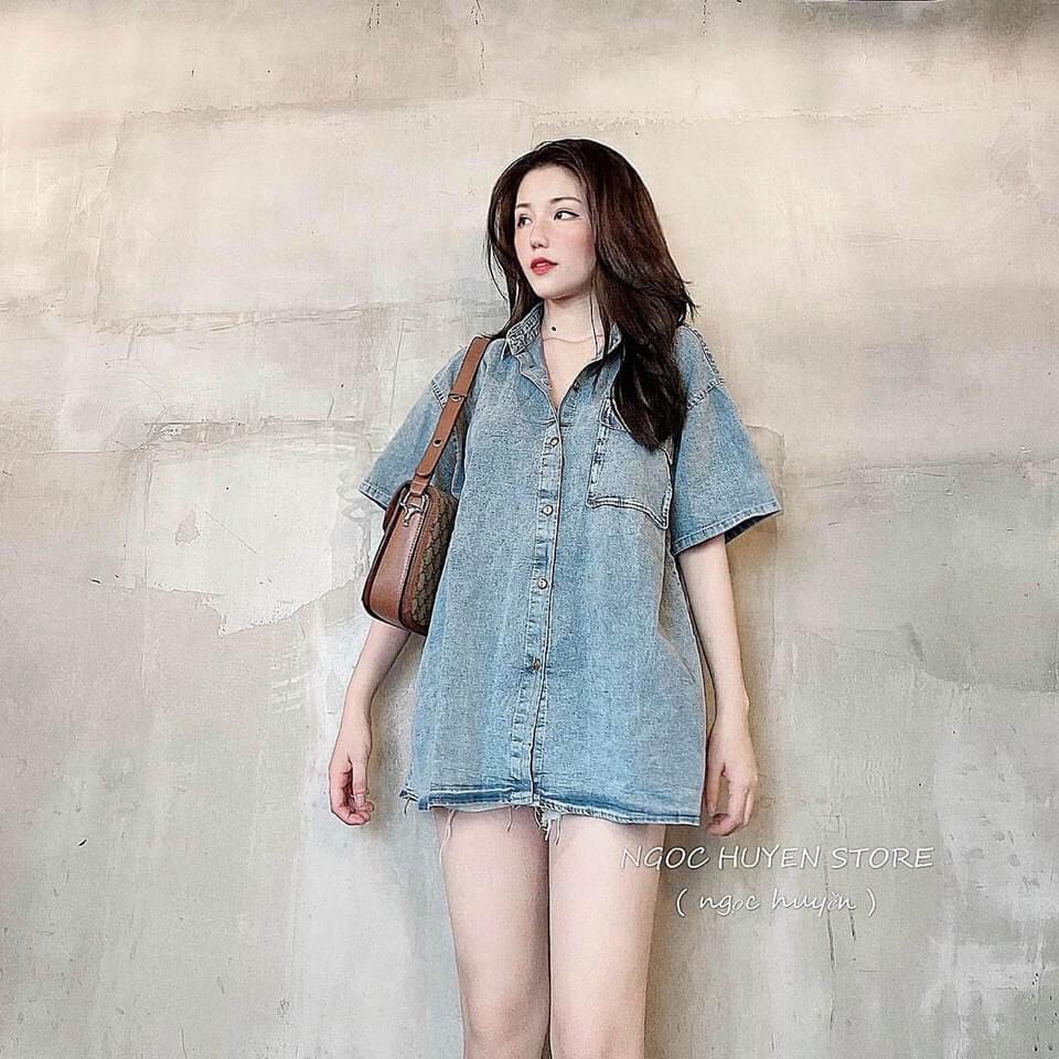 Áo sơ mi nữ hàn quốc đẹp kiểu cách denim túi hộp cộc tay form rộng bigsize có thể khoác ngoài màu jean (bò) (ảnh thật)