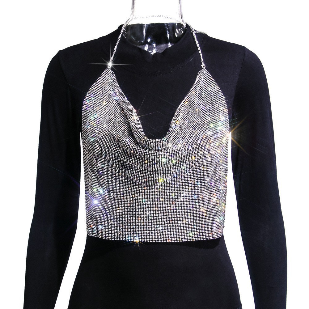 DUNEA Áo hai dây hở lưng phối dây xích kim loại lấp lánh gợi cảm cho nữ