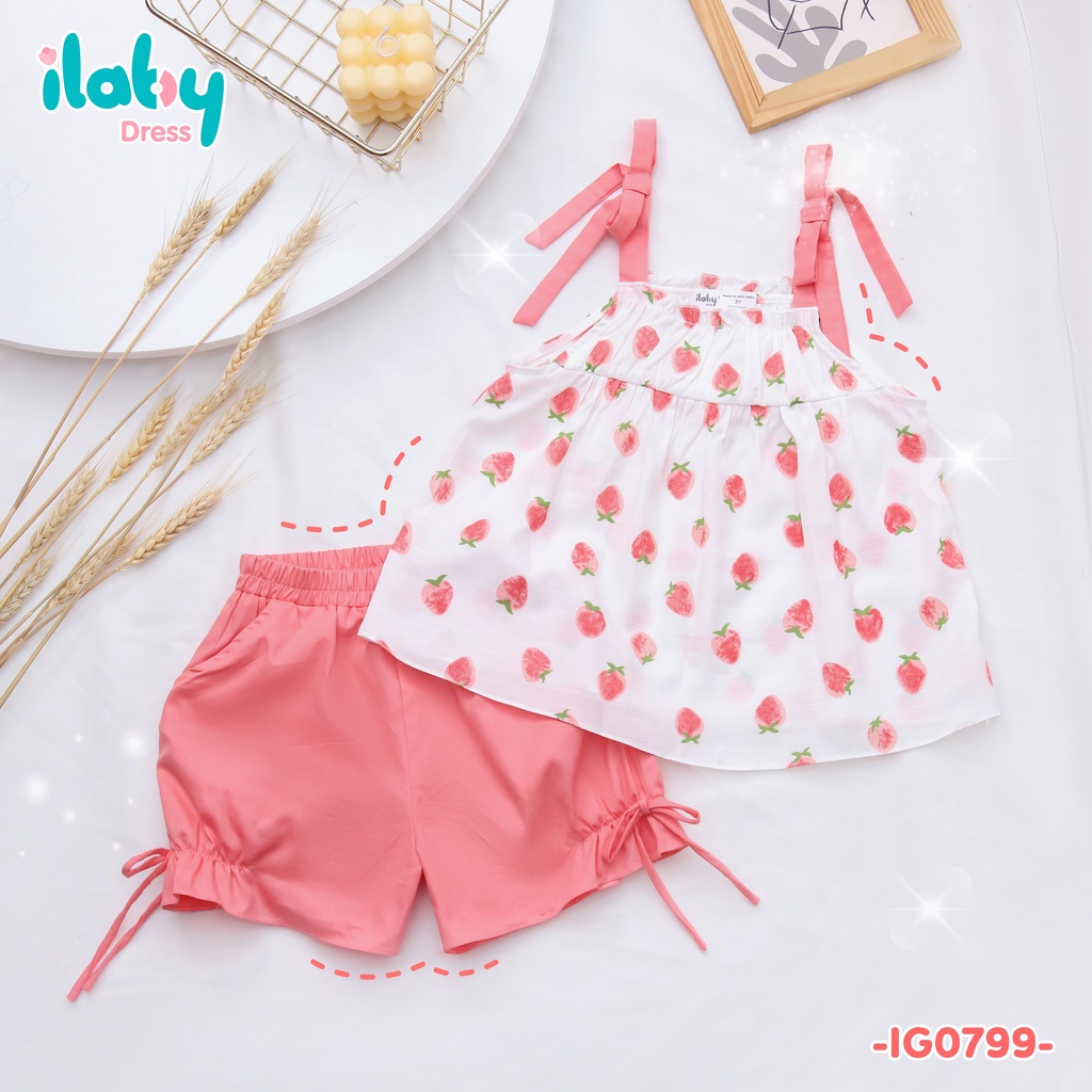 Đồ bộ bé gái ILABY nhún ngực quả dâu chất liệu đũi trơn thoáng mát