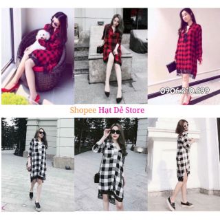 Đầm sơ mi caro dài tay phối chân ren