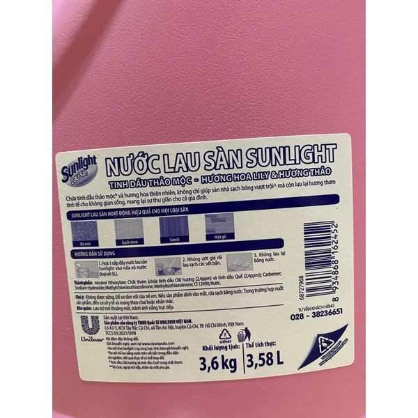 Nước lau sàn Sunlight can 3,6kg ( mầu hồng )