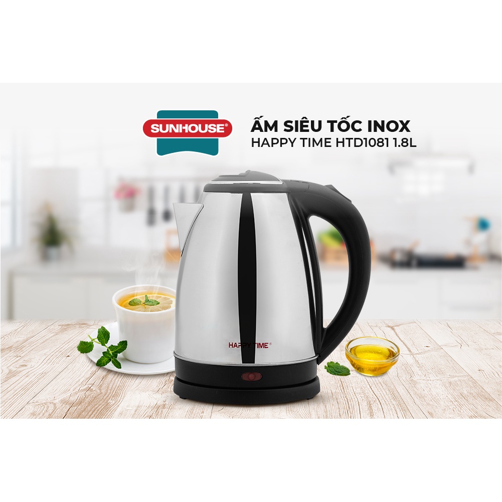 Ấm Siêu Tốc Sunhouse Happy Time 1,8l, Ấm Đun Siêu Tốc Inox Cách Nhiệt HTD1081 Hàng Chính Hãng