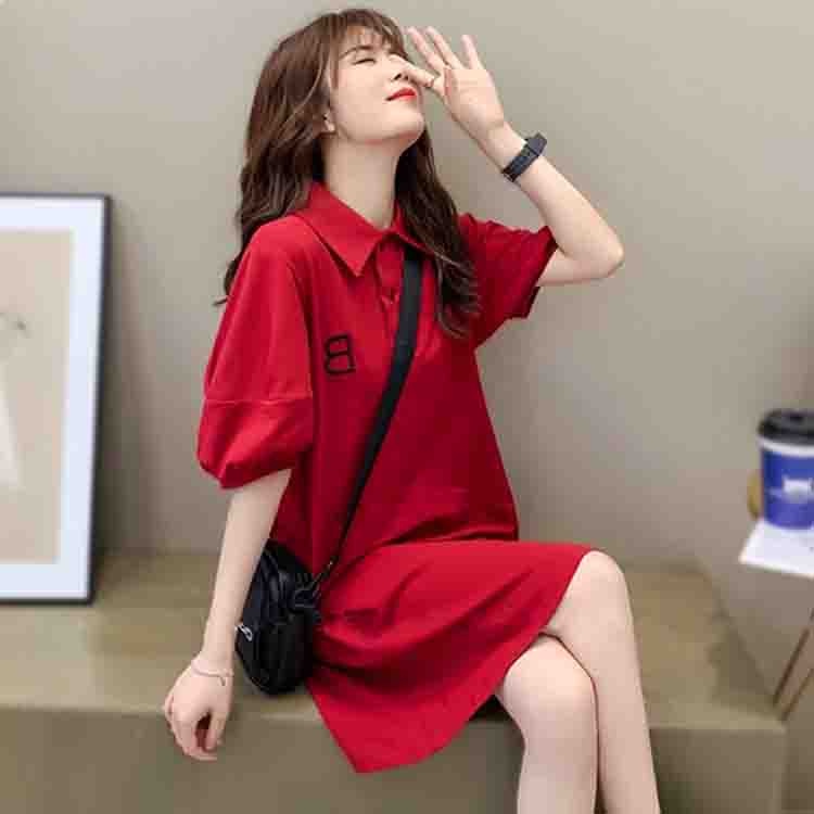 Đầm cotton dáng suông cổ sơ mi chữ B Váy thun tay bồng đỏ đen
