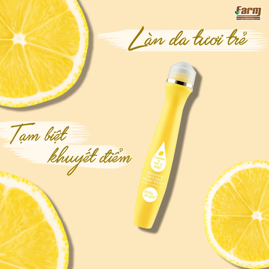 Cây lăn cải thiện thâm mụn Baby Bright Lemon & VitC Whitening Dark Spot Roller Serum 15ml + Tặng SRM Gạo 3W