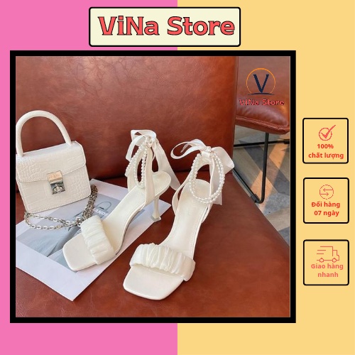 GIÀY SANDAL CAO GÓT NỮ ĐẾ NHỌN 5-7-9 PHÂN QUAI ĐÍNH NGỌC TRAI THẮT NƠ HOT 2022- MÃ S06