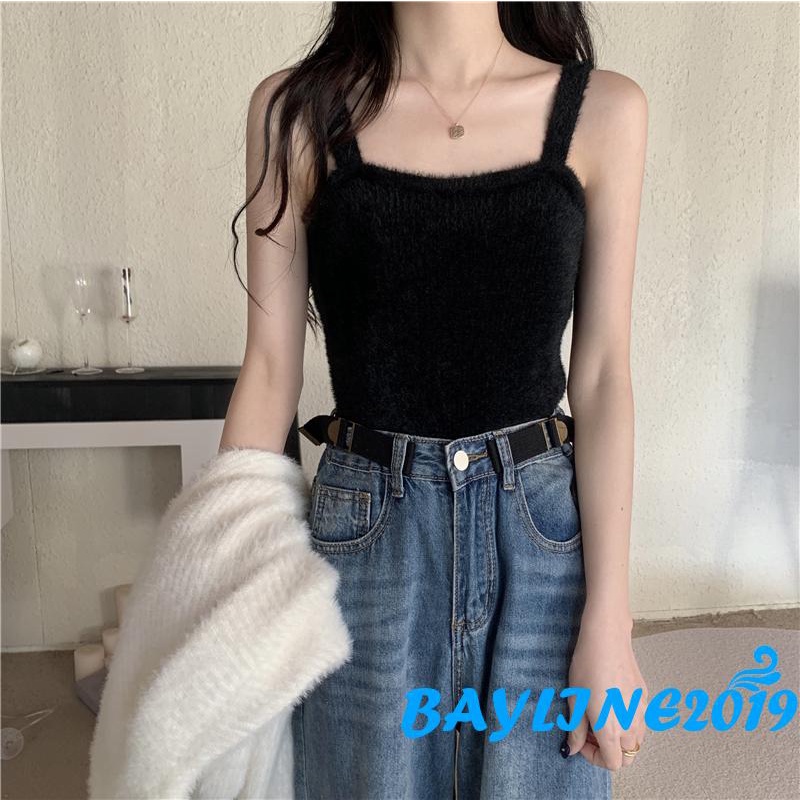 Áo Croptop Hai Dây Dệt Kim Mềm Màu Trơn Trẻ Trung Cho Nữ