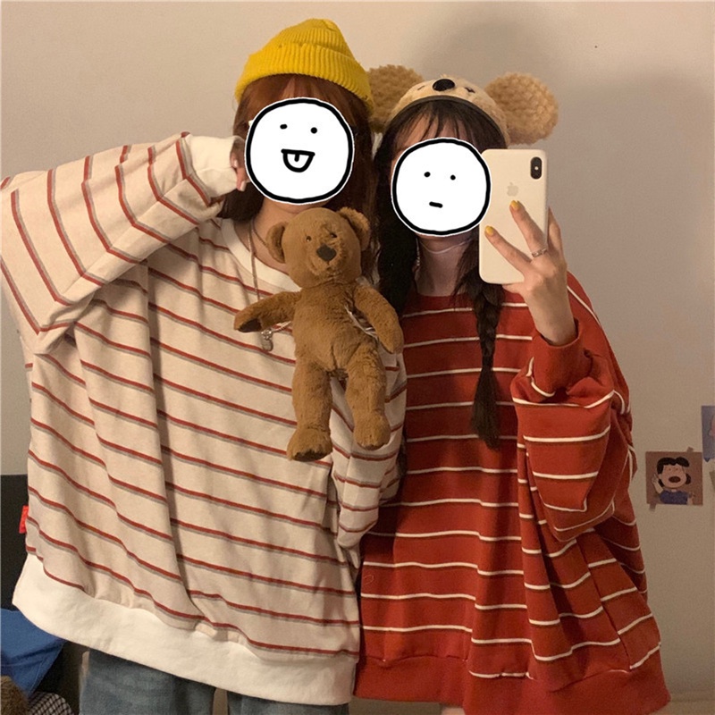 Áo sweater IELGY cổ tròn dáng rộng họa tiết kẻ sọc dễ phối đồ phong cách Harajuku thời trang Hàn Quốc cho nữ