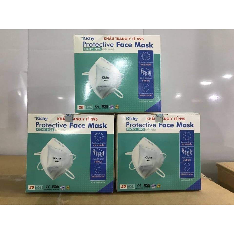 Khẩu trang N95 KICHY/20 cái - Khẩu Trang Y Tế Tiêu Chuẩn Xuất Khẩu Châu Âu và Mỹ - Tem chính hãng (QR check)