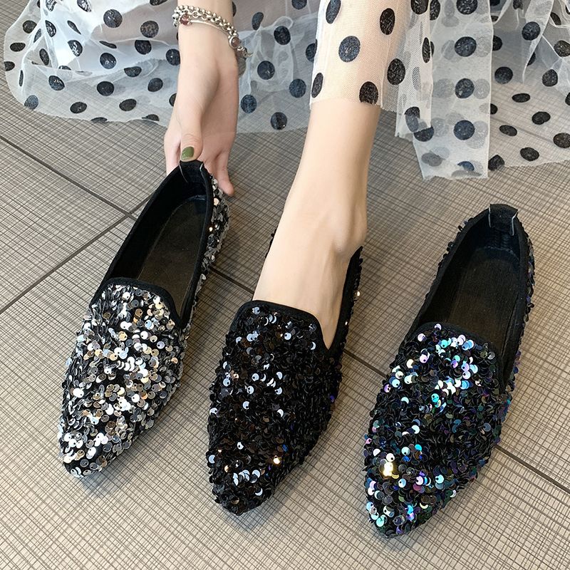 Giày Búp Bê Mũi Nhọn Đính Kim Sa Phong Cách Hàn Quốc Mới Cho Nữ