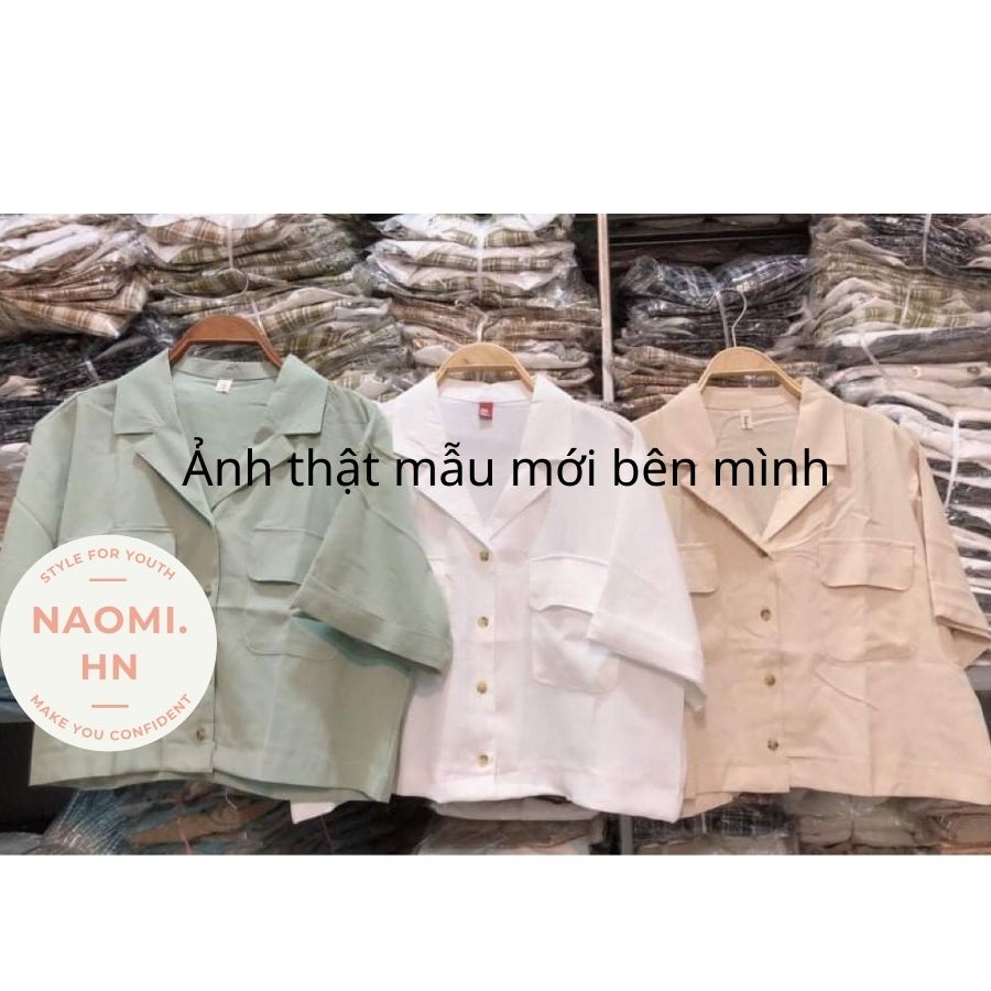 Áo sơ mi nữ cổ vest dáng ngắn croptop khoẻ khoắn trẻ trung chất đũi mát. Sơ  mi cổ V nhiều màu túi ngực dáng croptop. | BigBuy360 - bigbuy360.vn
