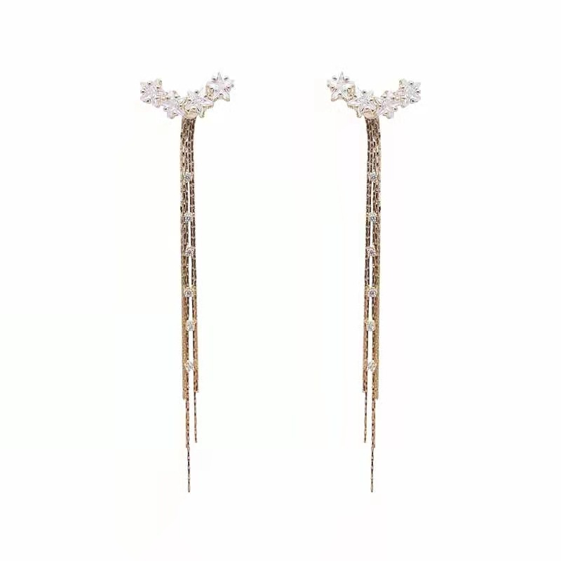Bông Tai Mạ Bạc 925 Dáng Dài Hình Ngôi Sao Phối Tua Rua Sang Trọng Phong Cách Hàn Quốc