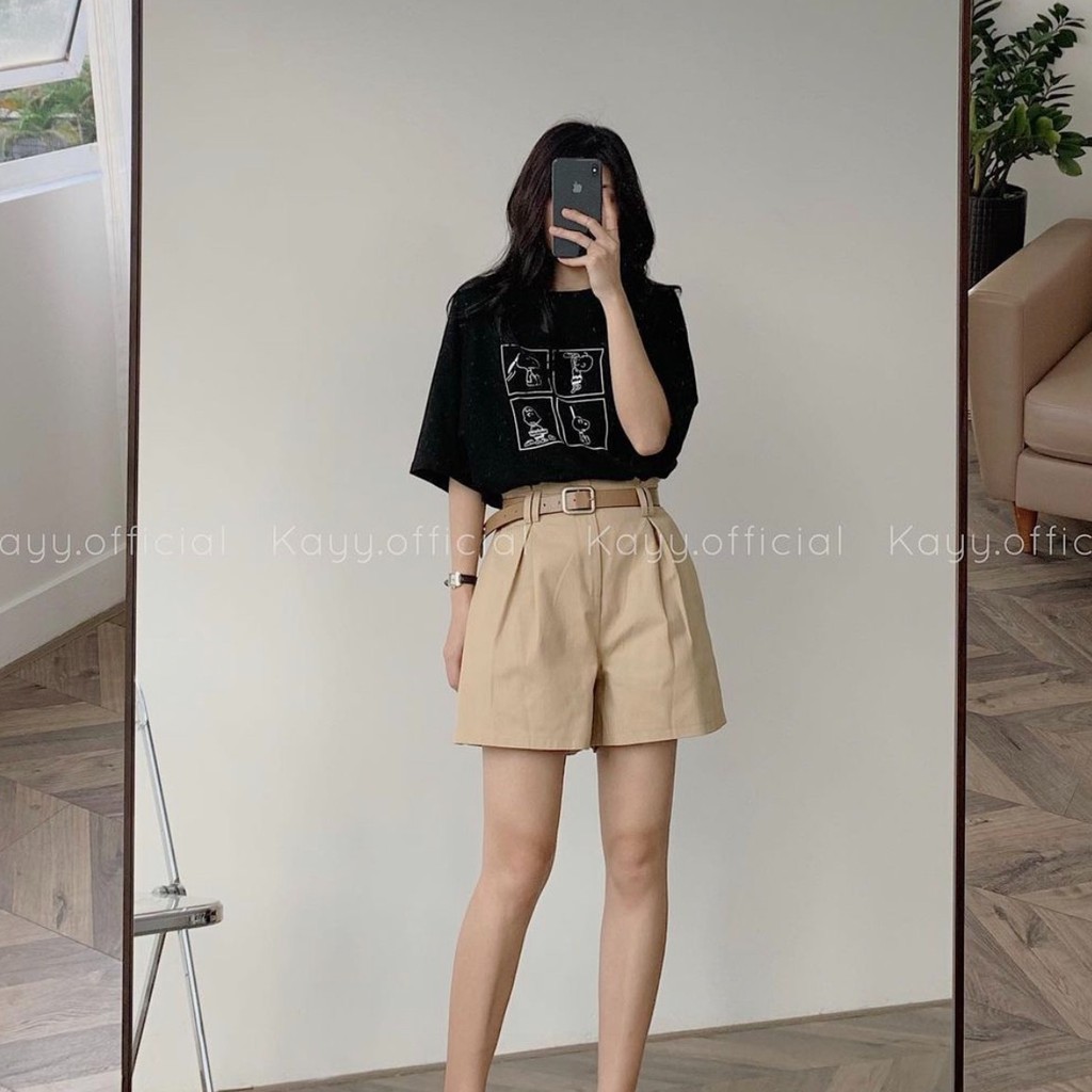 Set Áo Snoopy Kẻ Ô Và Quần Short Kaki Nữ 🎁 Nana's House - FREESHIP 🎁 Bộ quần shorts nữ kaki màu be và áo thun form rộng