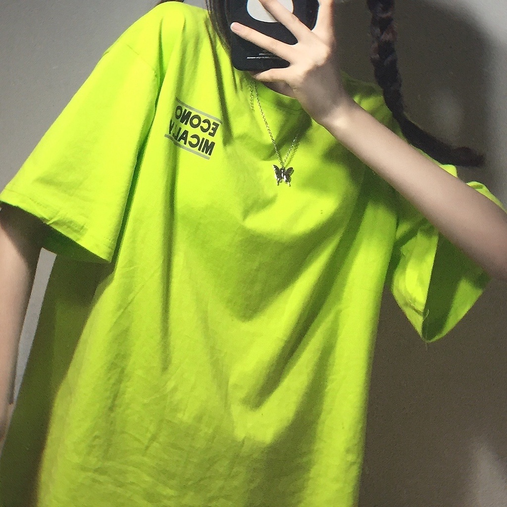 Áo thun tay ngắn màu xanh lá dạ quang in chữ thời trang mùa hè cho nữ