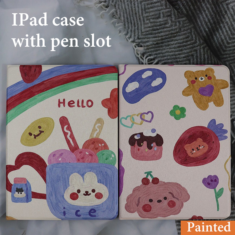 Creative IPad 8th Gen Case With Pen Slot Kids Painted Casing For IPad 5/6th Gen 9.7'' 7/8th Gen 10.2'' Air 1 2 3 4 Pro 10.5'' 11'' 12.9'' 2018 2020 Mini 5 Non-slip Sleeve Ipad Tempered Glass Cartoon IPad Case