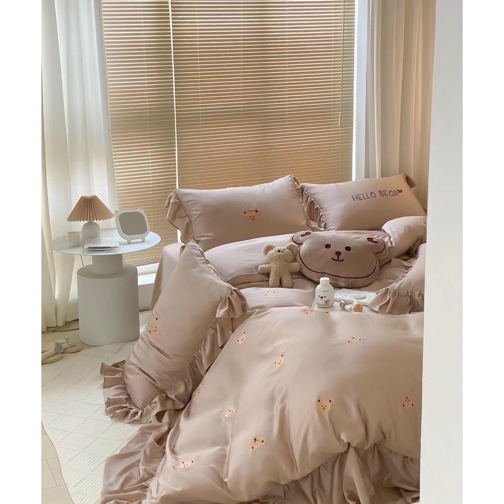 Bộ chăn ga gối tencel 120s thêu gấu  thiên nhiên tơ cao cấp mát lạnh mềm mịn