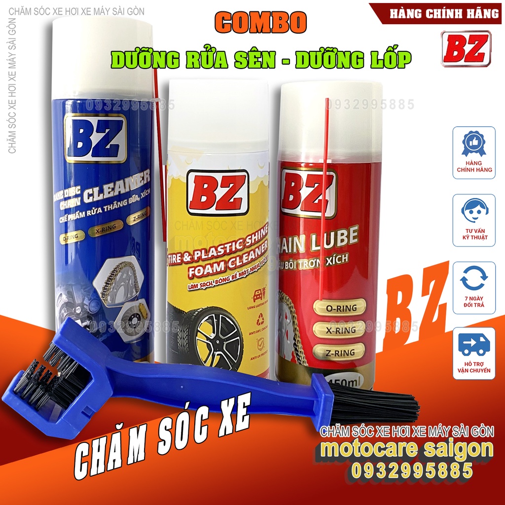 Combo 3 chai: dưỡng sên + rửa sên + dưỡng bóng vỏ xe, nhựa nhám BZ