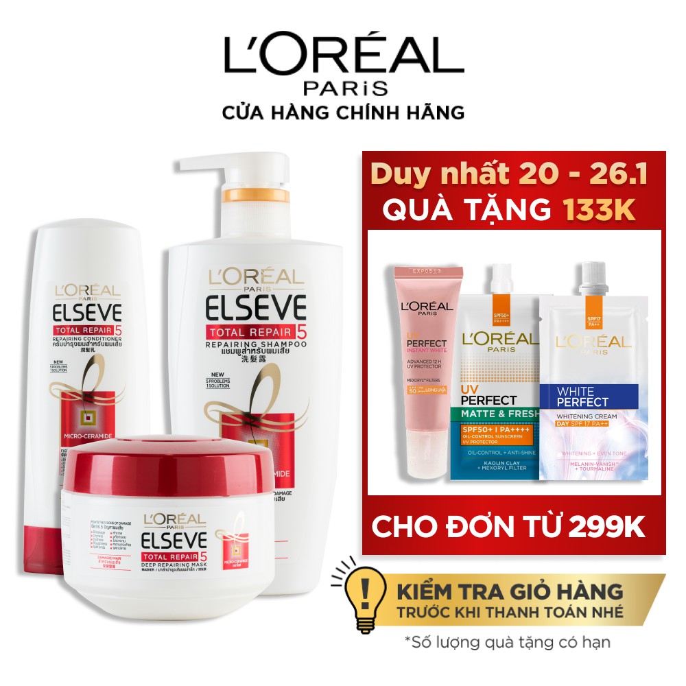 Bộ sản phẩm chăm sóc tóc chống 5 dấu hiệu hư tổn 3 bước L'Oreal Paris Total Repair 5