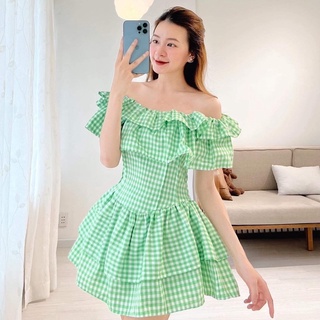 SET ĐẦM CARO XANH BÈO VAI KÈM QUẦN
