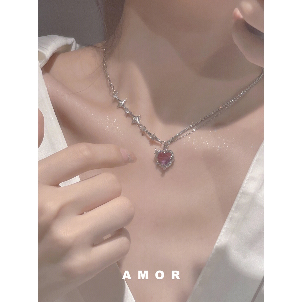 Vòng cổ Bằng Thép Không Gỉ Không Phai Màu Hồng Kim Cương Hình Trái Tim Ghép Nối Thiết Kế niche Ngọt Ngào Cá Tính Cho Nữ