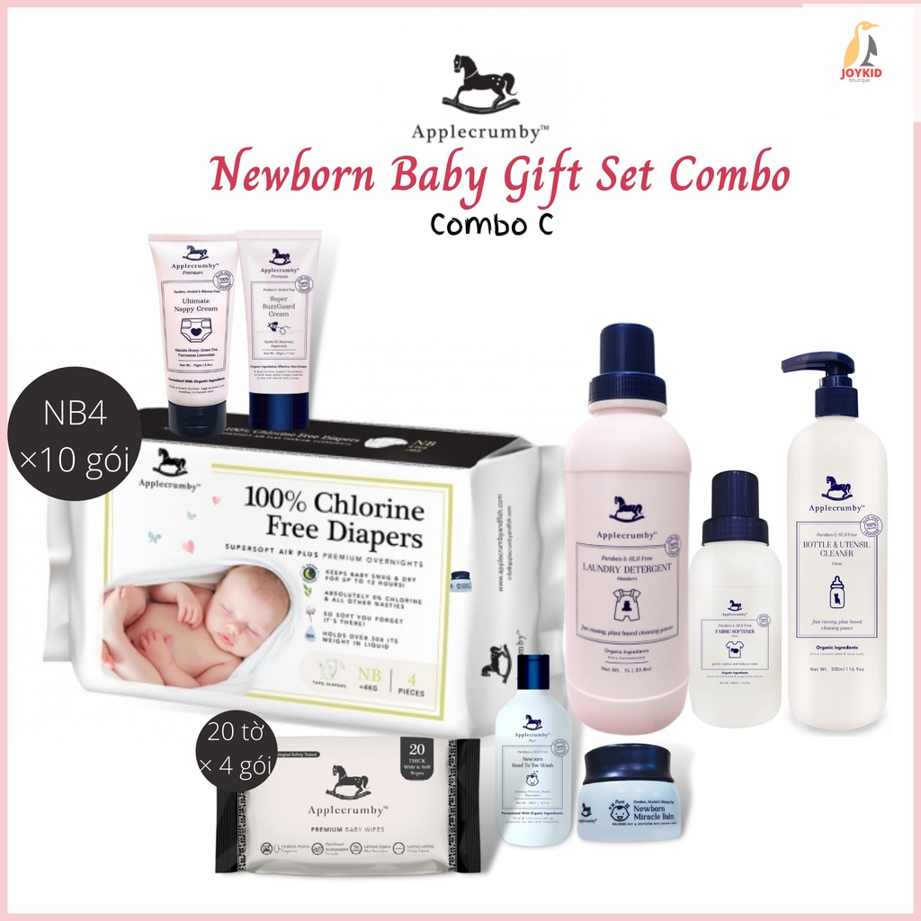 Combo tã/bỉm dán đêm Applecrumby Supersoft Air Plus Premium Overnights Tape Diapers newborn sơ sinh NB4