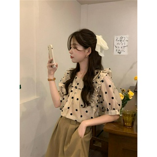 Áo sơ mi chấm bi dáng rộng ngắn tay phối ren thời trang 51884
