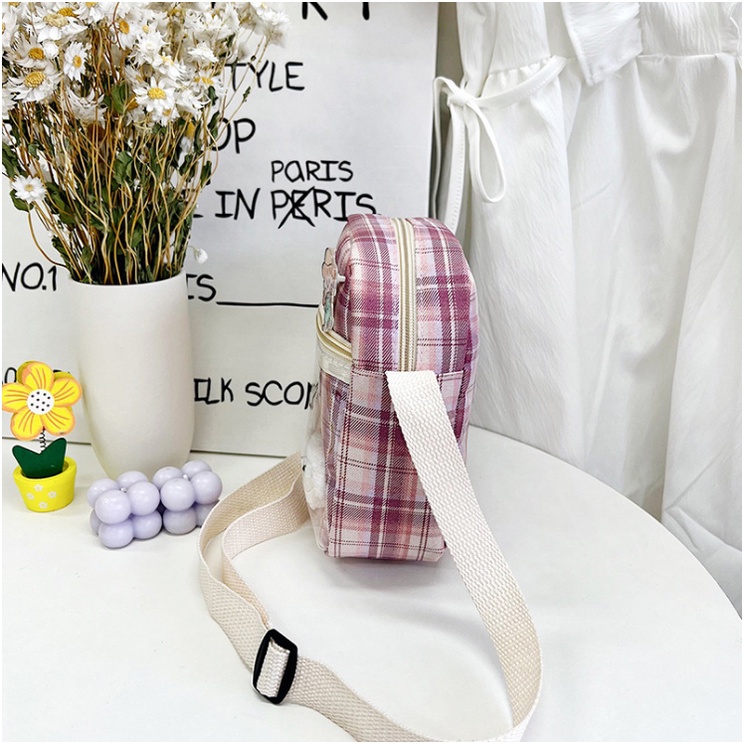 Túi đeo chéo ngăn trong suốt kẻ caro dáng chữ nhật Messenger phong cách Hàn Quốc TẶNG postcard sticker bông dễ thương