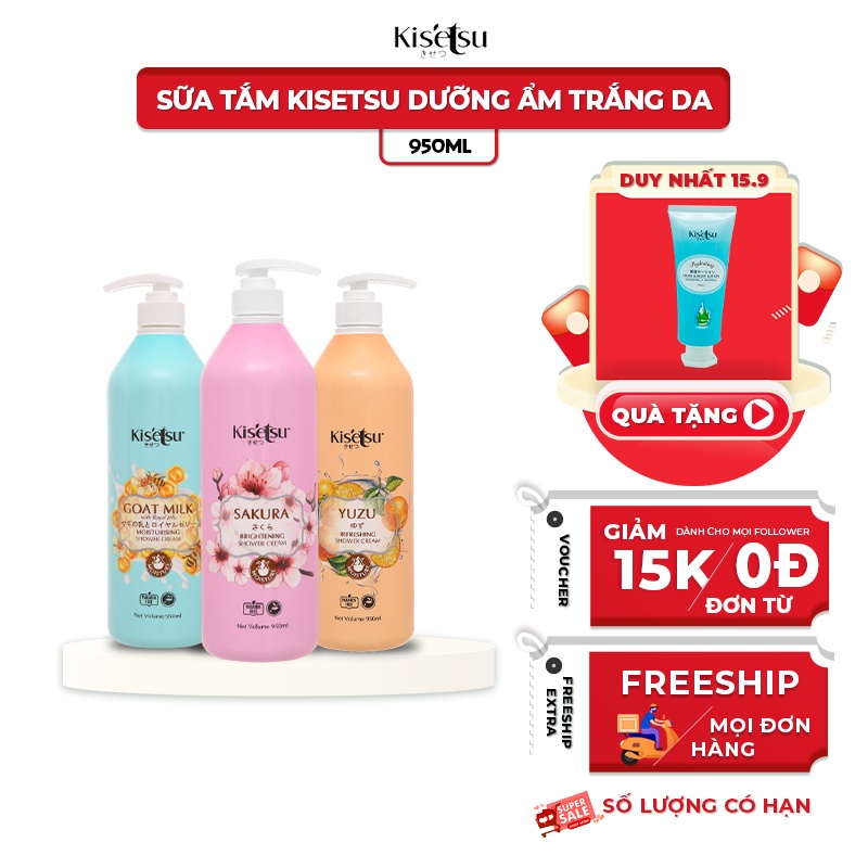 Sữa Tắm Dưỡng Ẩm Trắng Da Kisetsu Sữa Tắm Chống Lão Hóa 950ml (Anh Đào, Hồng, LiLy, Aloe Vera, Sữa Dê Ong Chúa, YuZu)