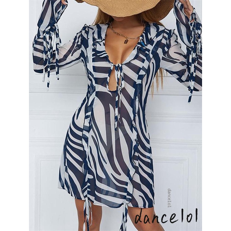 Đầm Tay Dài Cổ Chữ V Hoạ Tiết Ngựa Vằn Thiết Kế Cột Dây Quyến Rũ 1O1