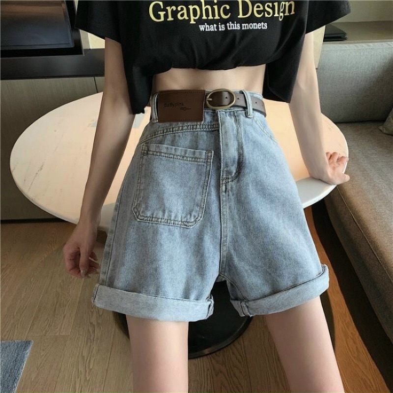 [Ảnh thật/Video]Quần ngố ống rộng tag da cạp cao cá tính , quần bò ngang đùi chất siêu đẹp JEANFANGU